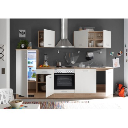 Kuchyňská linka Respekta KB270ENWP, 270 cm, bílá/dekor dub, lesklá, s elektrospotřebiči. Kuchyňská linka Respekta KB270ENWP, 270 cm, bílá/dekor dub, lesklá, s elektrospotřebiči.