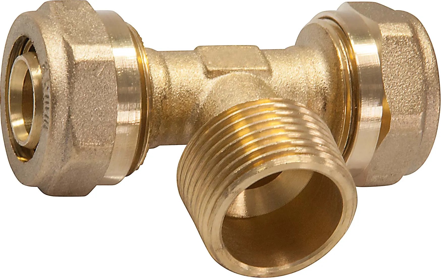 Svěrný T-kus 16 mm x 21 mm (R 1/2) x 16 mm mosaz Svěrný T-kus 16 mm x 21 mm (R 1/2) x 16 mm mosaz
