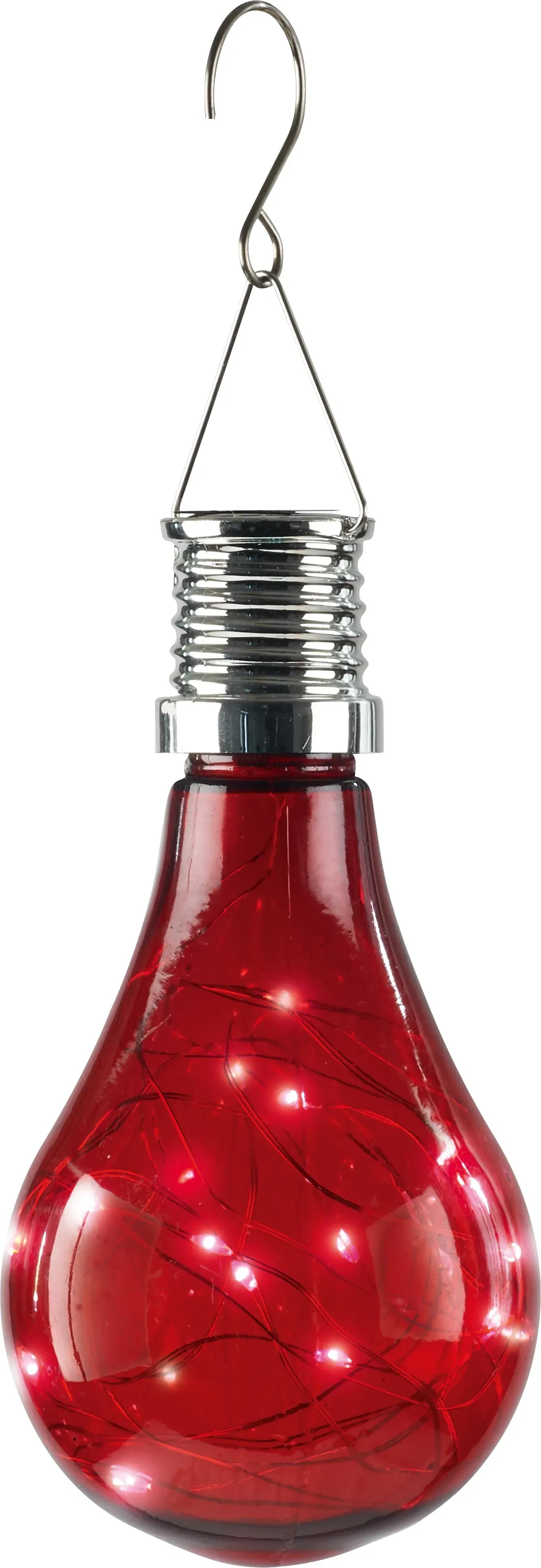 Červené LED solární závěsné svítidlo ve tvaru žárovky pro zahradu nebo balkon. Červené LED solární závěsné svítidlo ve tvaru žárovky pro zahradu nebo balkon.