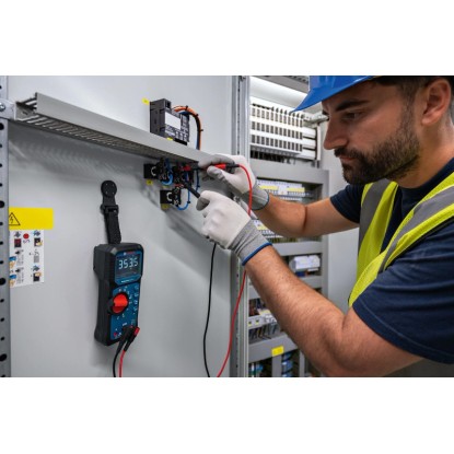 Elektrikář měří napětí pomocí digitálního multimetru Bosch Professional GDM 600-15. Elektrikář měří napětí pomocí digitálního multimetru Bosch Professional GDM 600-15.