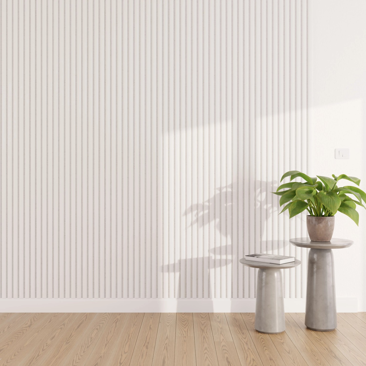 Bílý akustický panel s obkladem stěn s plstěným podkladem a dřevěnou podlahou. Dekorativní design místnosti. Bílý akustický panel s obkladem stěn s plstěným podkladem a dřevěnou podlahou. Dekorativní design místnosti.