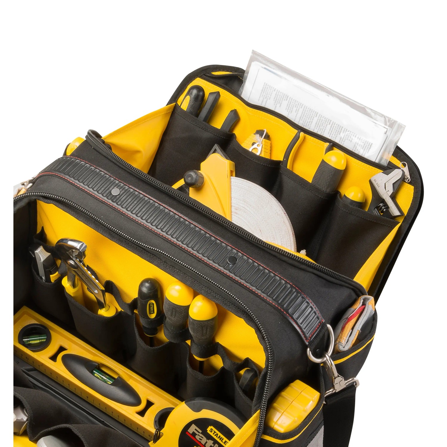 Otevřená brašna na nářadí Stanley FatMax FMST1-73607, plná nářadí. Otevřená brašna na nářadí Stanley FatMax FMST1-73607, plná nářadí.