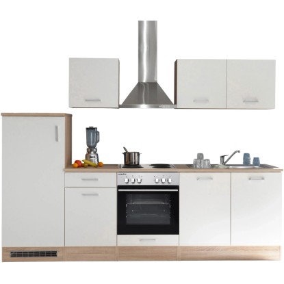 Kuchyňská linka Respekta KB270ENWP, 270 cm, bílá/dub vzhled, lesklá, s elektrospotřebiči. Kuchyňská linka Respekta KB270ENWP, 270 cm, bílá/dub vzhled, lesklá, s elektrospotřebiči.