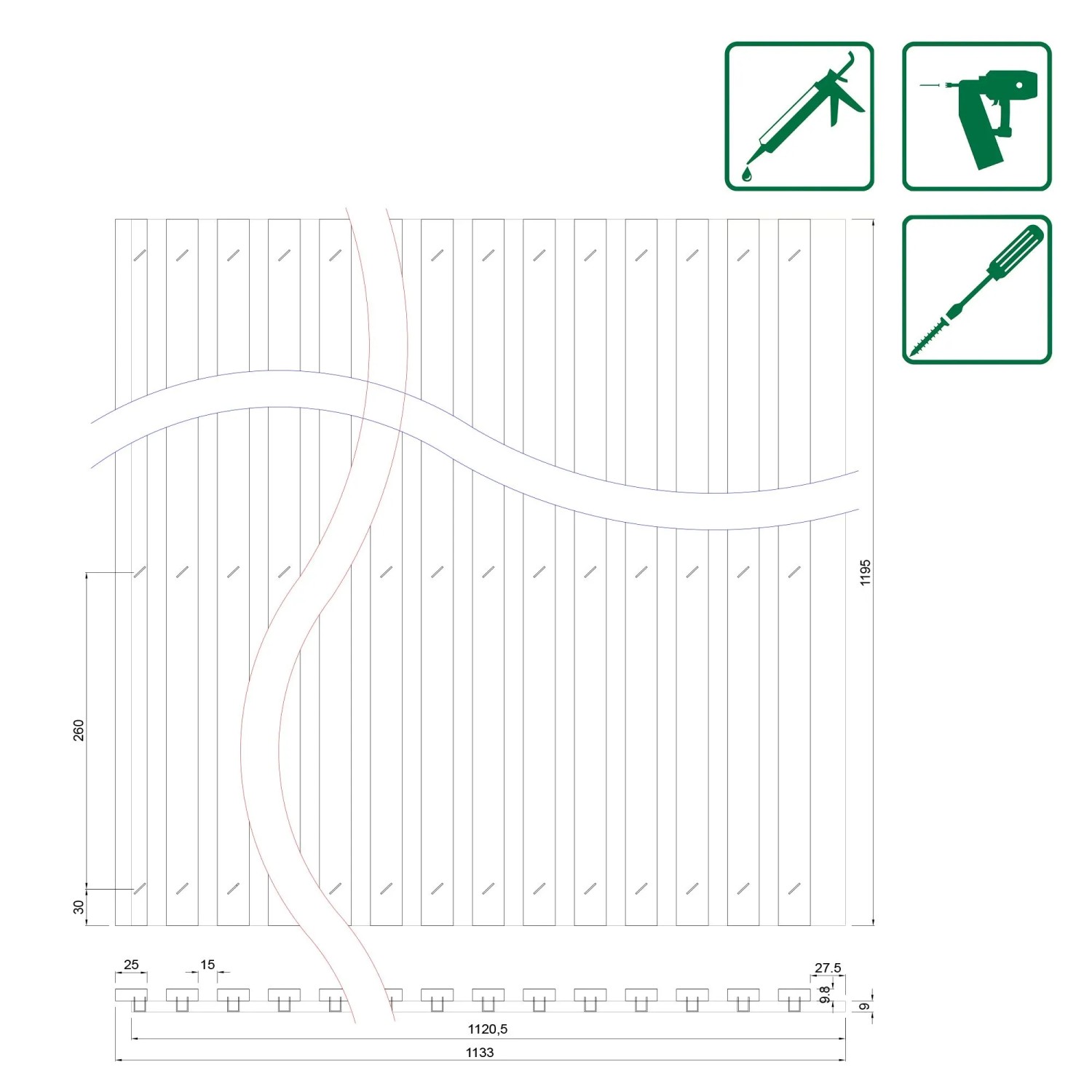Technický výkres akustického panelu FN Acustico Jazz 1, rozměry 1133x19x1195 mm, montážní návod. Technický výkres akustického panelu FN Acustico Jazz 1, rozměry 1133x19x1195 mm, montážní návod.