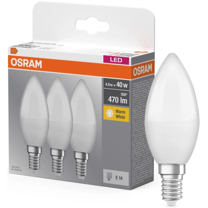 OSRAM LED žárovka BASE CLASSIC B Frosted E14 C35 4,9W 470lm 2700K, 3 ks OSRAM LED žárovka BASE CLASSIC B Frosted E14 C35 4,9W 470lm 2700K, 3 ks