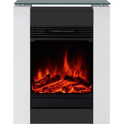 Bílý elektrický krb Glasbury Fire s LED efektem plamene, bezpečnostním sklem a vzhledem dřeva. Bílý elektrický krb Glasbury Fire s LED efektem plamene, bezpečnostním sklem a vzhledem dřeva.