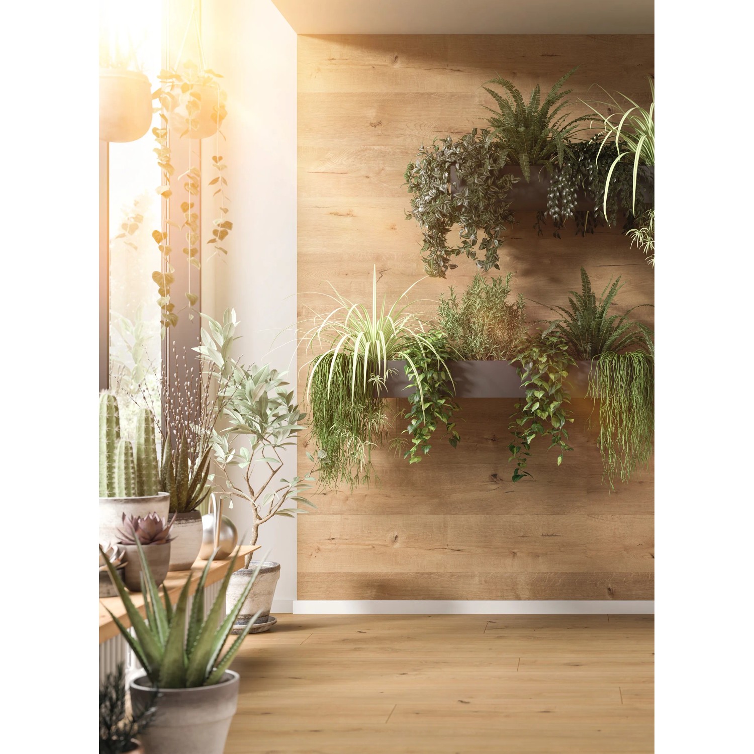 Egger Decowall DO008 Loveland obklad stěn dub s rostlinami na stěně a na podlaze. Egger Decowall DO008 Loveland obklad stěn dub s rostlinami na stěně a na podlaze.