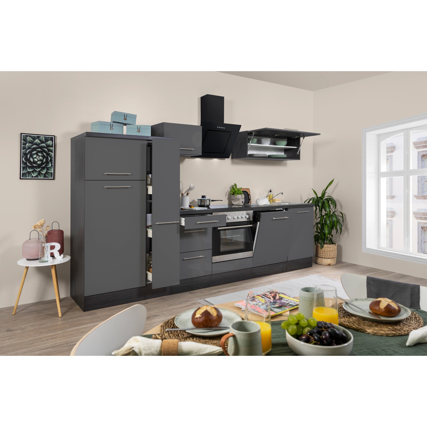 Respekta Kuchyně Amanda šedá/dub 310 cm-trouba+skl.deska/digestoř/myčka/lednice