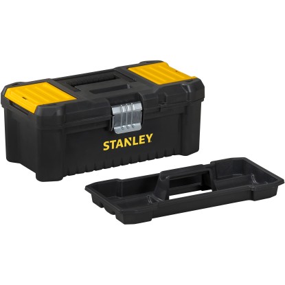 Plastový box na nářadí Stanley 12,5 palců s vyjímatelnou přihrádkou a kovovými sponami.