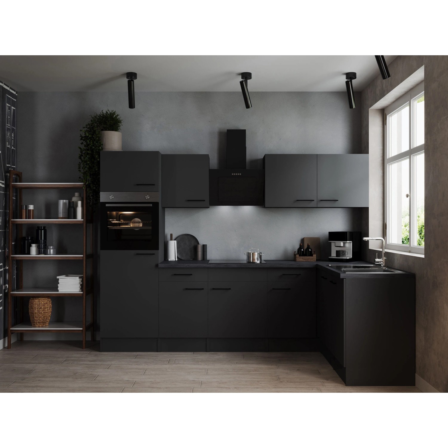 Respekta Kuchyně Oliver L šedá m./žula 280 cm-trouba/skl.deska/dig./myčka/led.