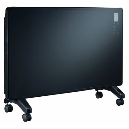 Černý skleněný panelový ohřívač OBI 2 kW s kolečky a LED displejem. Elektrický ohřívač s dálkovým ovládáním.