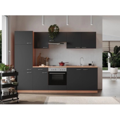 Kuchyňská linka Respekta KB270BGE, 270 cm, šedá/imitace buku s elektrospotřebiči.
