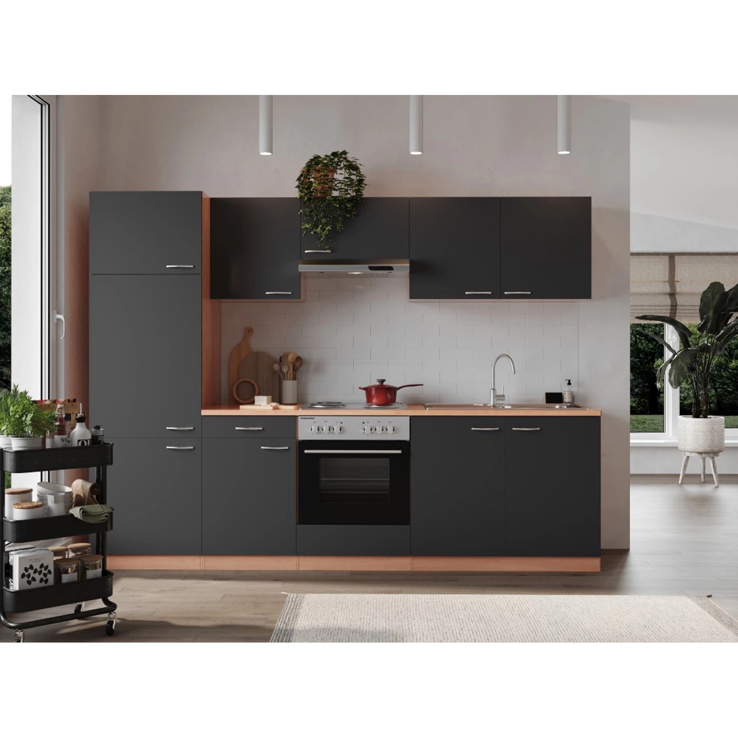 Respekta Kuchyně Gerda šedá/buk 270 cm-nrz.deska, lednice, trouba, digestoř