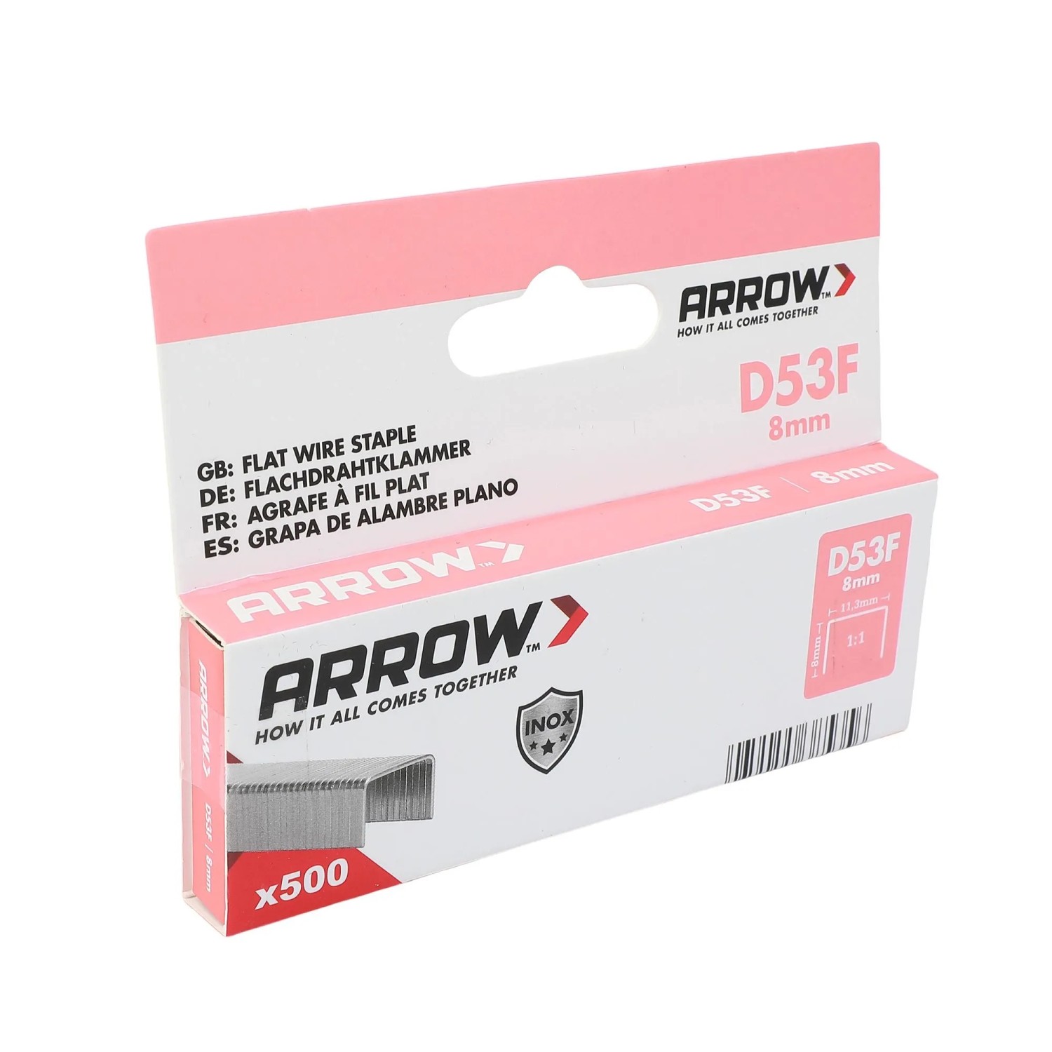 Arrow Ploché drátěné sponky do sponkovačky D53F V2A, délka 8 mm, 500 ks