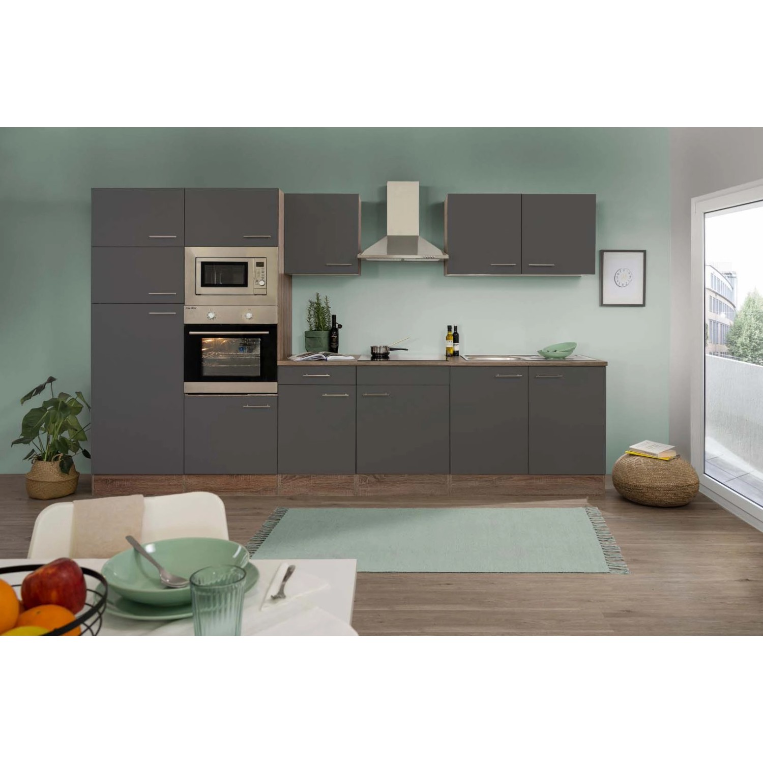 Respekta Kuchyně Oliver šedá - hedvábně lesklá/dub 330 cm - Bez el. přístrojů