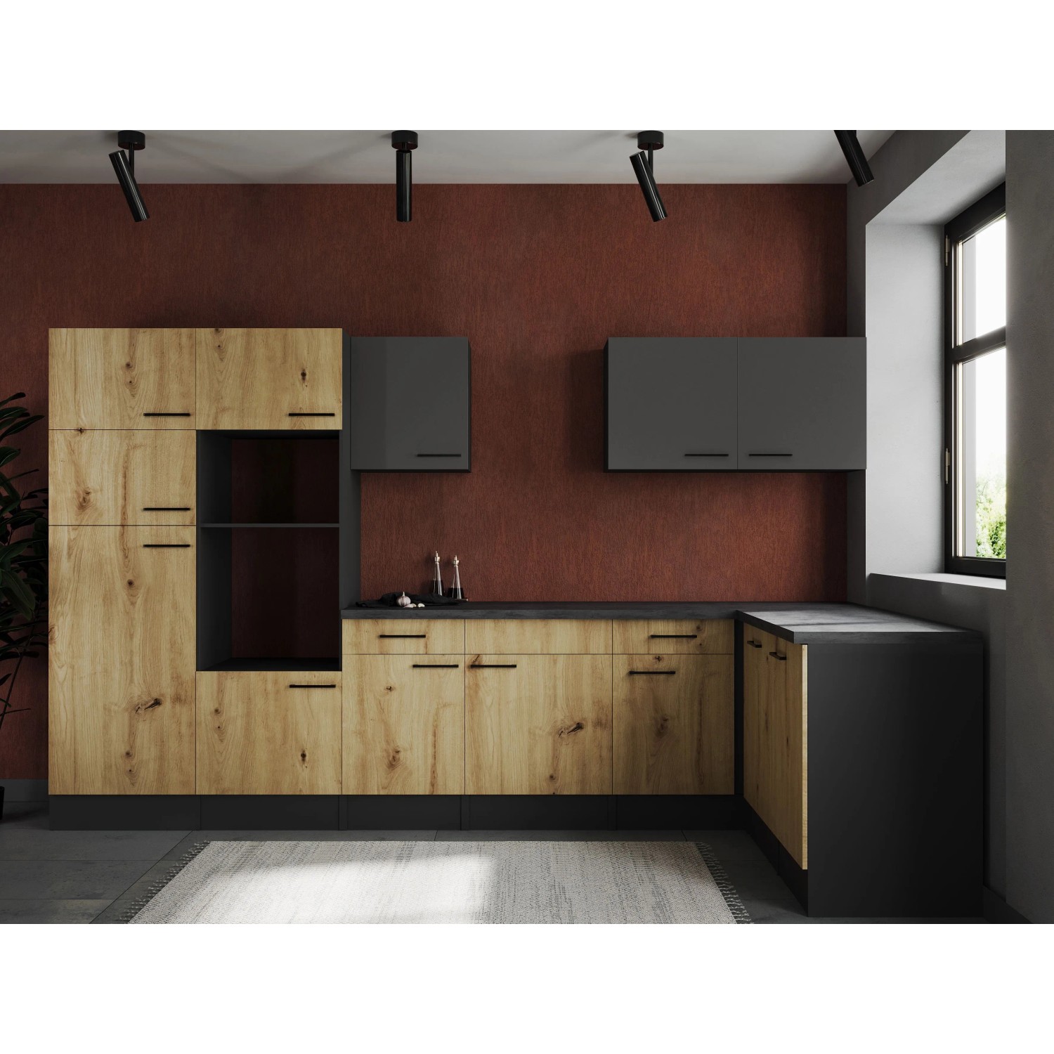 Respekta Kuchyně Oliver L dub Artisan+šedá matná/žula 340 cm - bez el. přístrojů