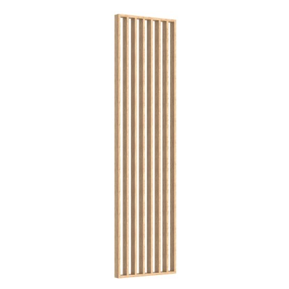 Akustický panel v barvě dřeva s vertikálními lamelami pro zvukovou izolaci a design stěn.