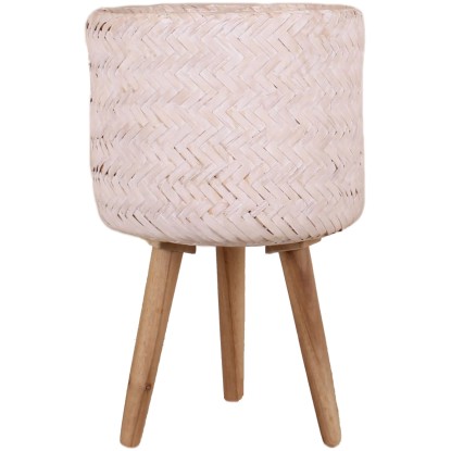 Květináč z bambusu s dřevěnými nožičkami s PE sáčkem bílý 25 x 20/40 cm