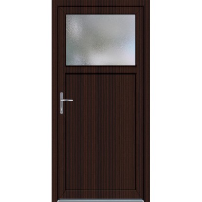 Plastové vedlejší vchodové dveře v dekoru mahagon s prosklením.
