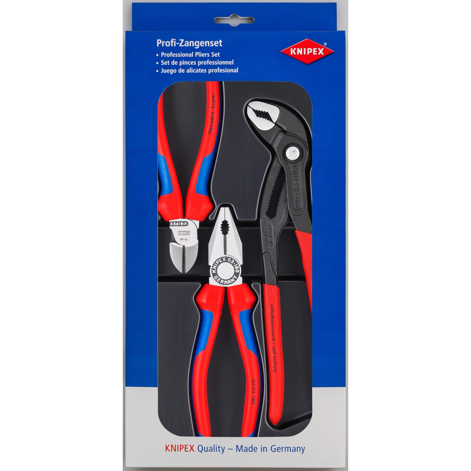 Knipex Sada 3 kleští - kombinované, boční štípací a sikovky Cobra
