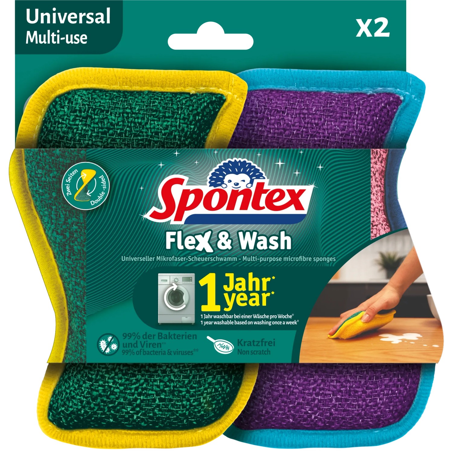 Spontex Víceúčelová drátěnka a houbička z mikrovlákna Flex&Wash, 2 ks