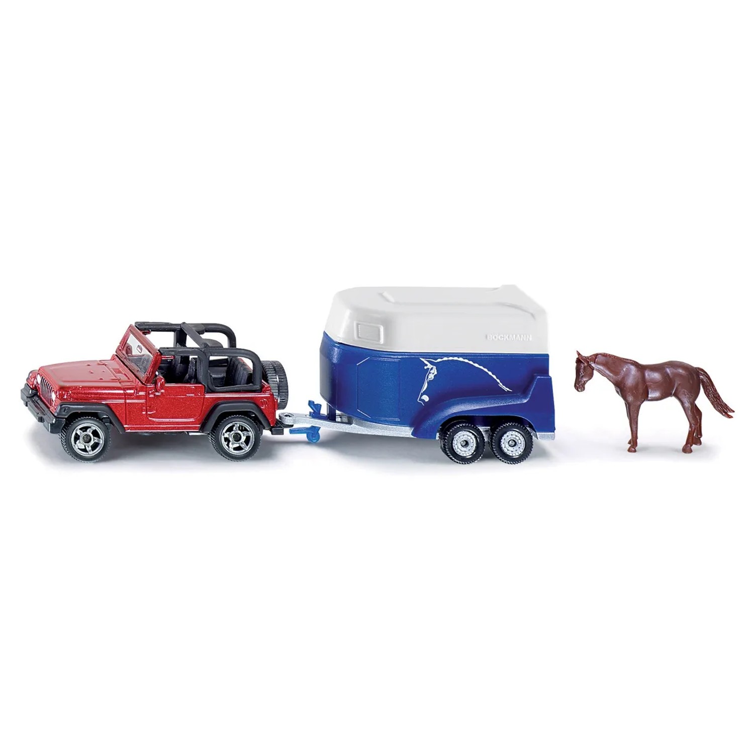 SIKU Kovový model Terénní vůz Jeep Wrangler s přívěsem a koněm Böckmann