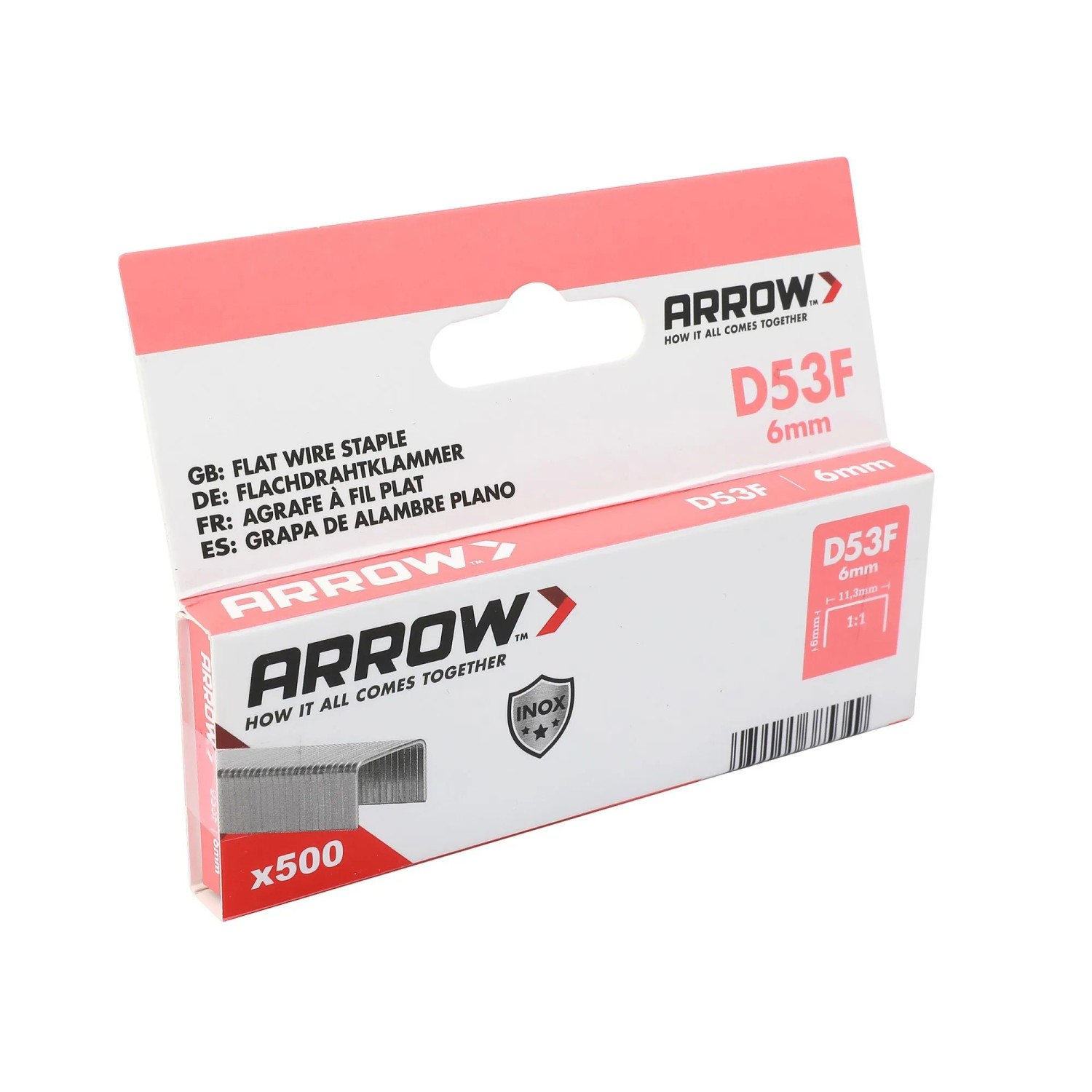 Arrow Ploché drátěné sponky do sponkovačky D53F V2A, délka 6 mm, 500 ks