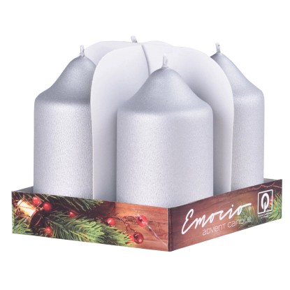 Svíčky adventní válcové 4 ks, 50 x 90 mm, matné stříbrné
