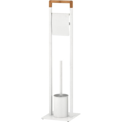 WC štětka s držákem toaletního papíru, kov/bambus, bílá, 19 x 19 x 74,5 cm