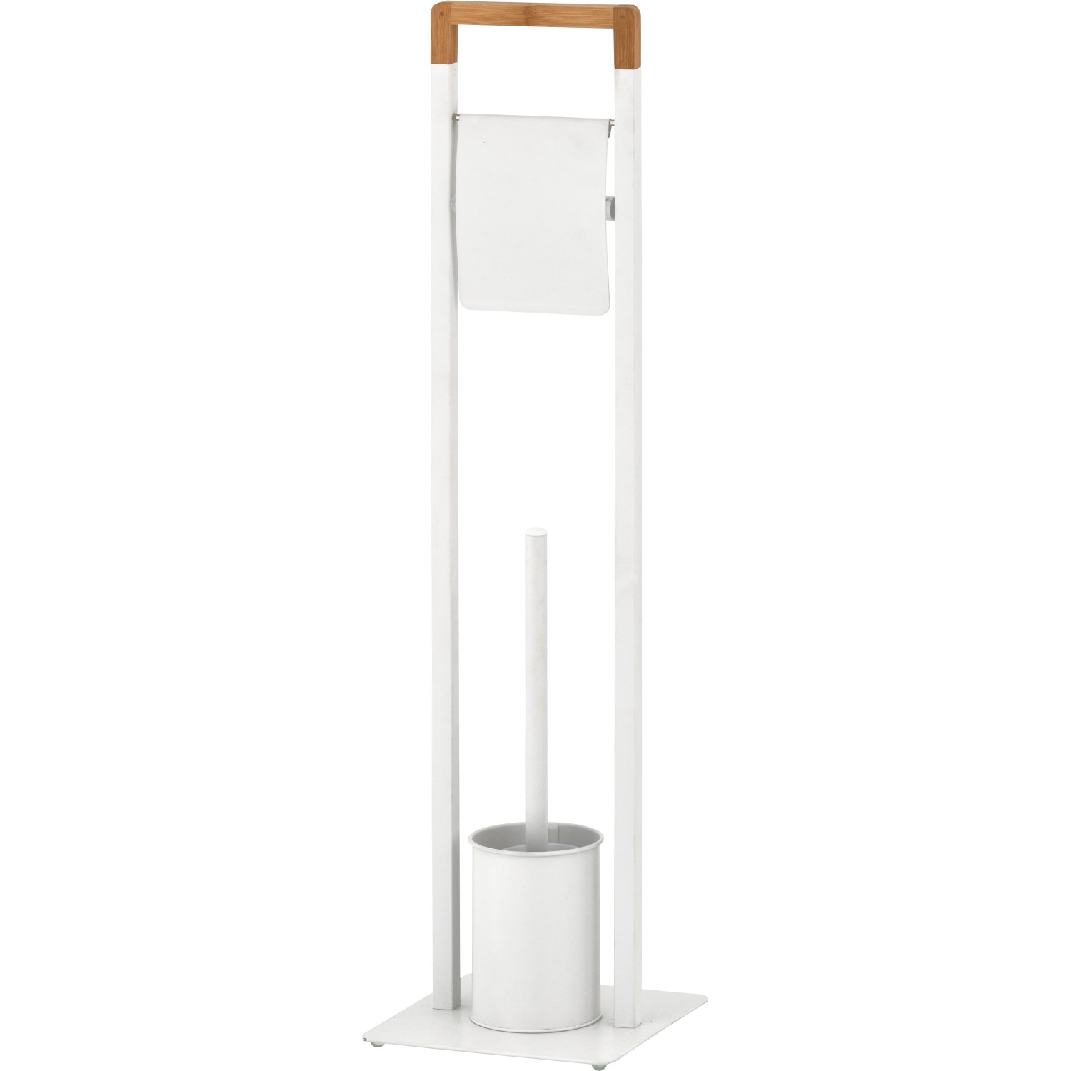 WC štětka s držákem toaletního papíru, kov/bambus, bílá, 19 x 19 x 74,5 cm