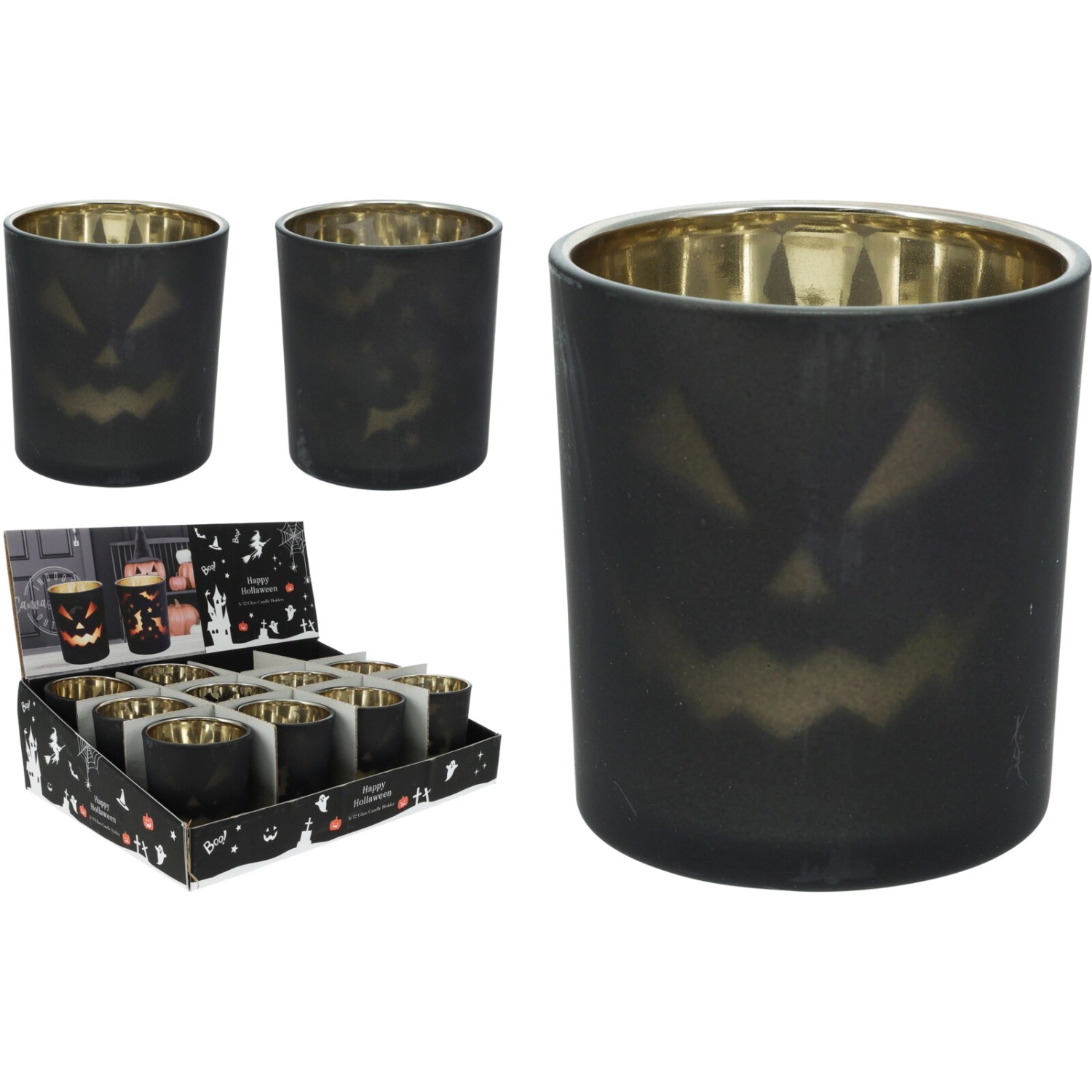 Skleněný svícen na čajovou svíčku Halloween, černá, různé druhy, pr. 55 x 65 mm