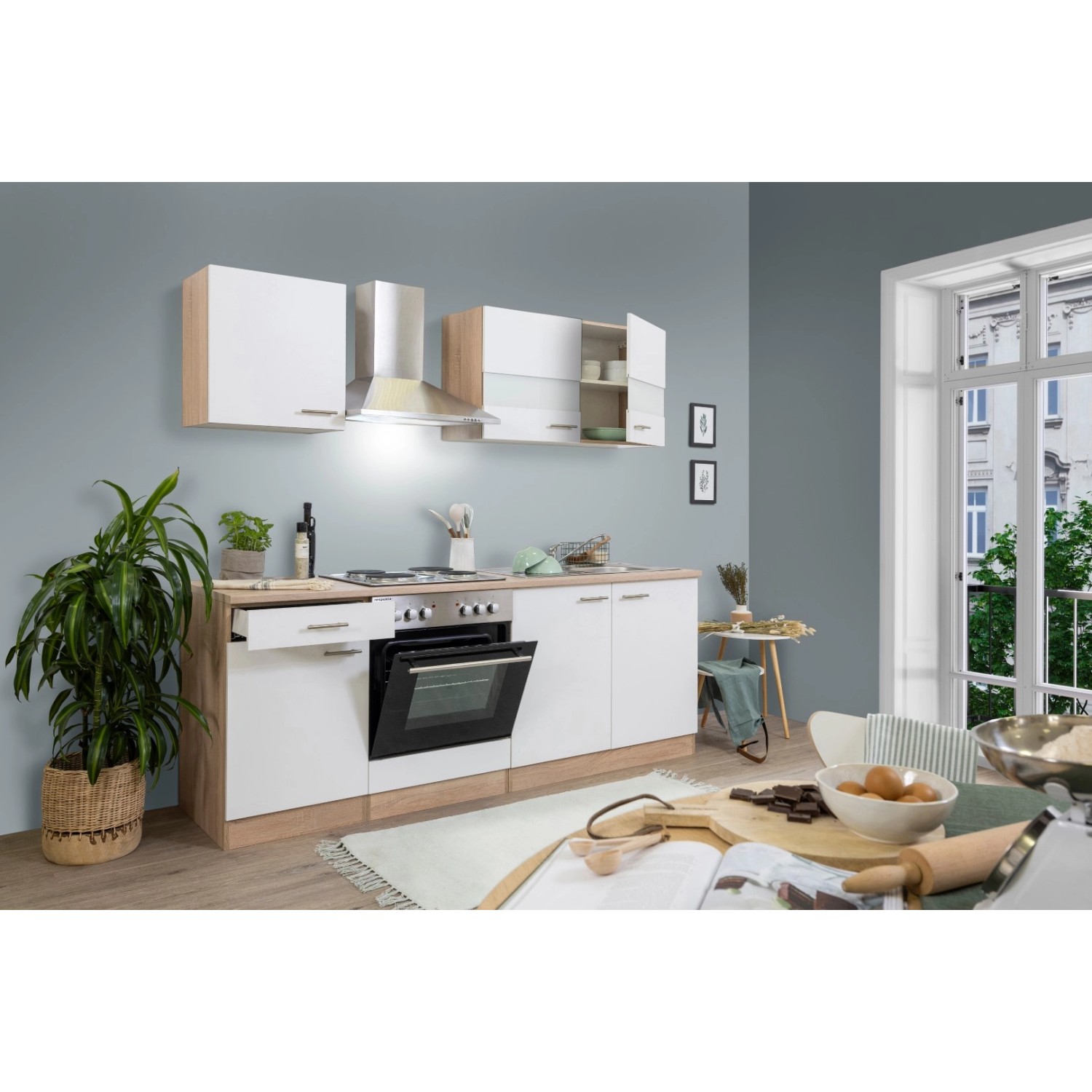 Respekta Kuchyně Merle bílá/dub 210 cm-nrz.deska/komín.digestoř