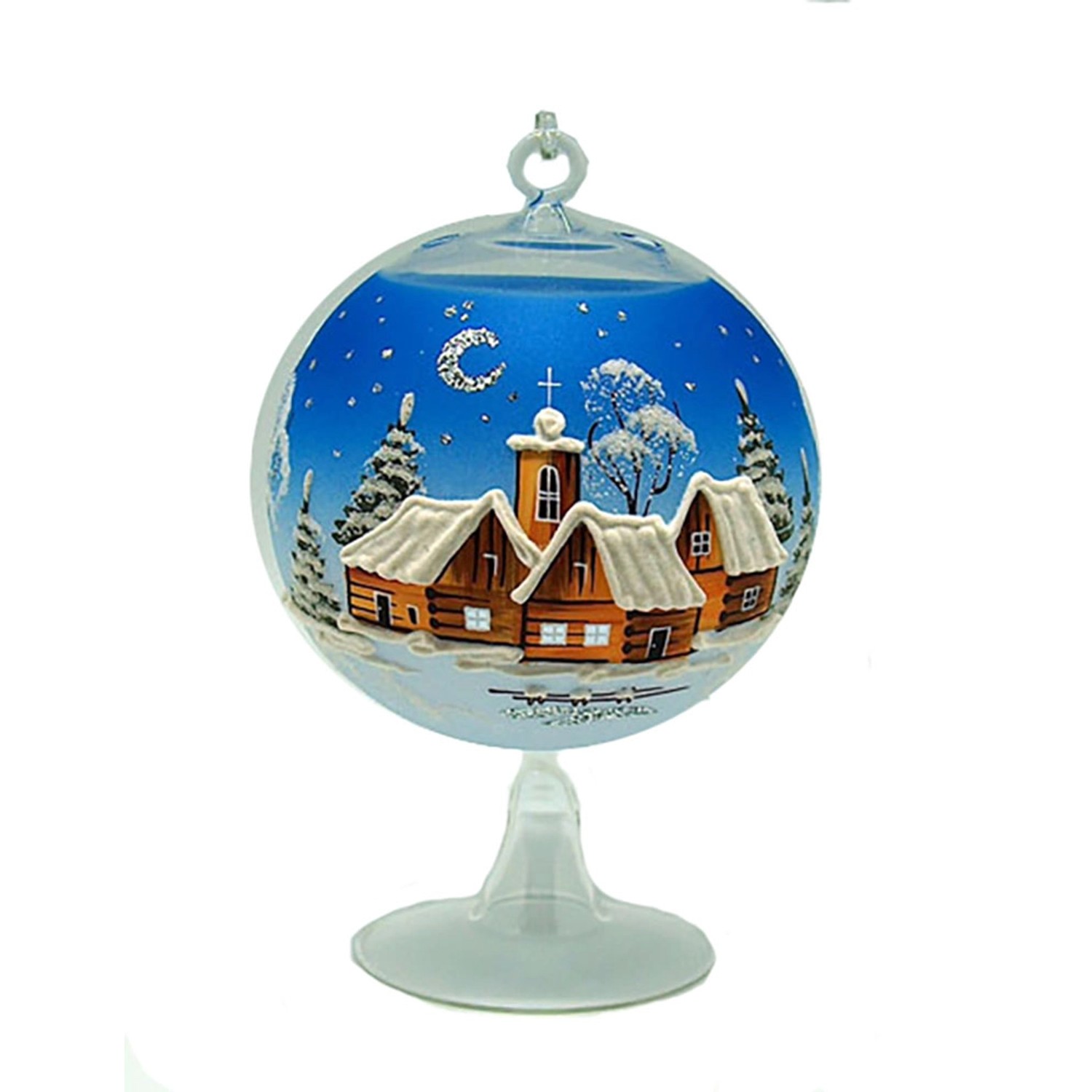 Ornex Vánoční ozdoba skleněná koule s vesnicí, modrá, 12 cm