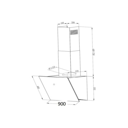 Technický nákres šikmé digestoře Respekta Lora 90 cm, černá digestoř s rozměry.