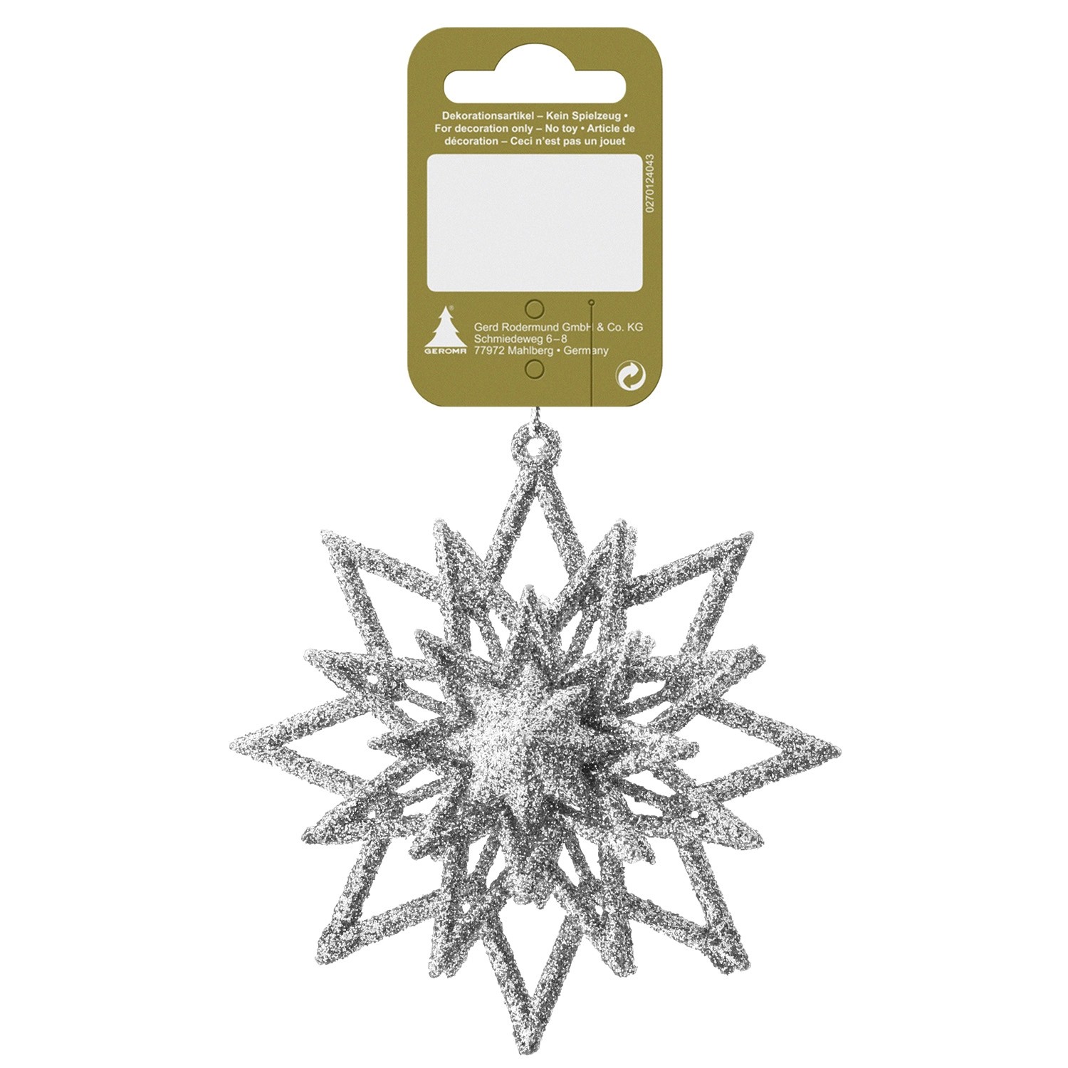 Třpytivá hvězda plast k zavěšení, stříbrná, 10 cm