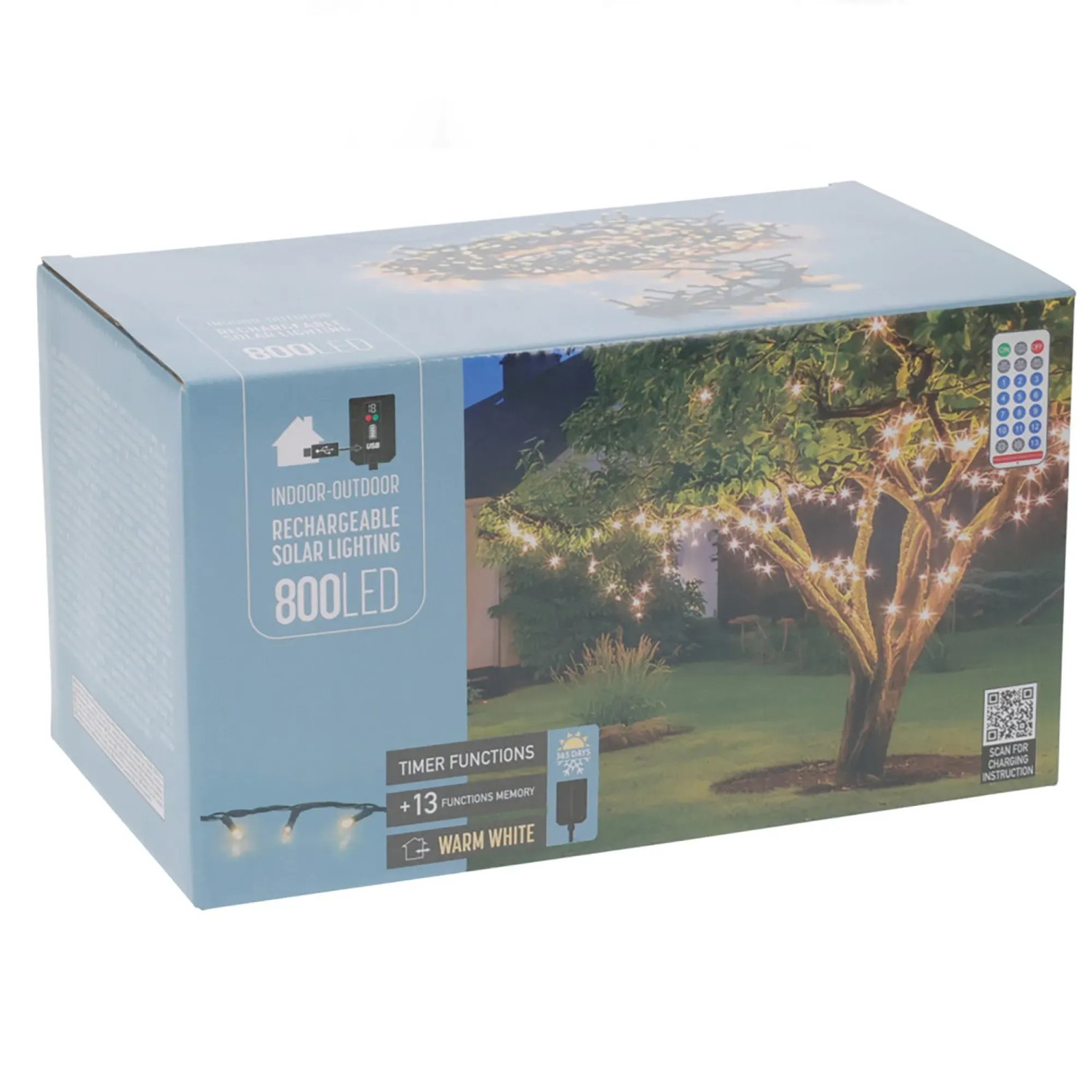 Solární LED světelný řetěz 800 LED teplá bílá, černý kabel, 8 m