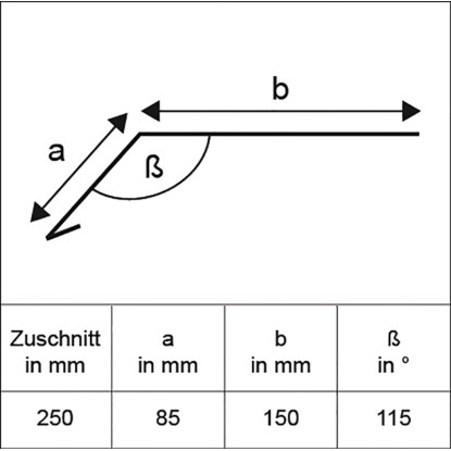 Nákres hliníkového lemování okapu, řez 250x1000 mm, s rozměry a, b a úhlem Beta.