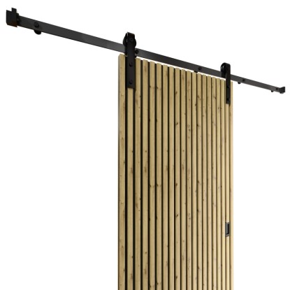 Kompletní sada posuvných dveří Radex akustický panel Lamette, 95x210 cm, s lamelovým designem a černou lištou.
