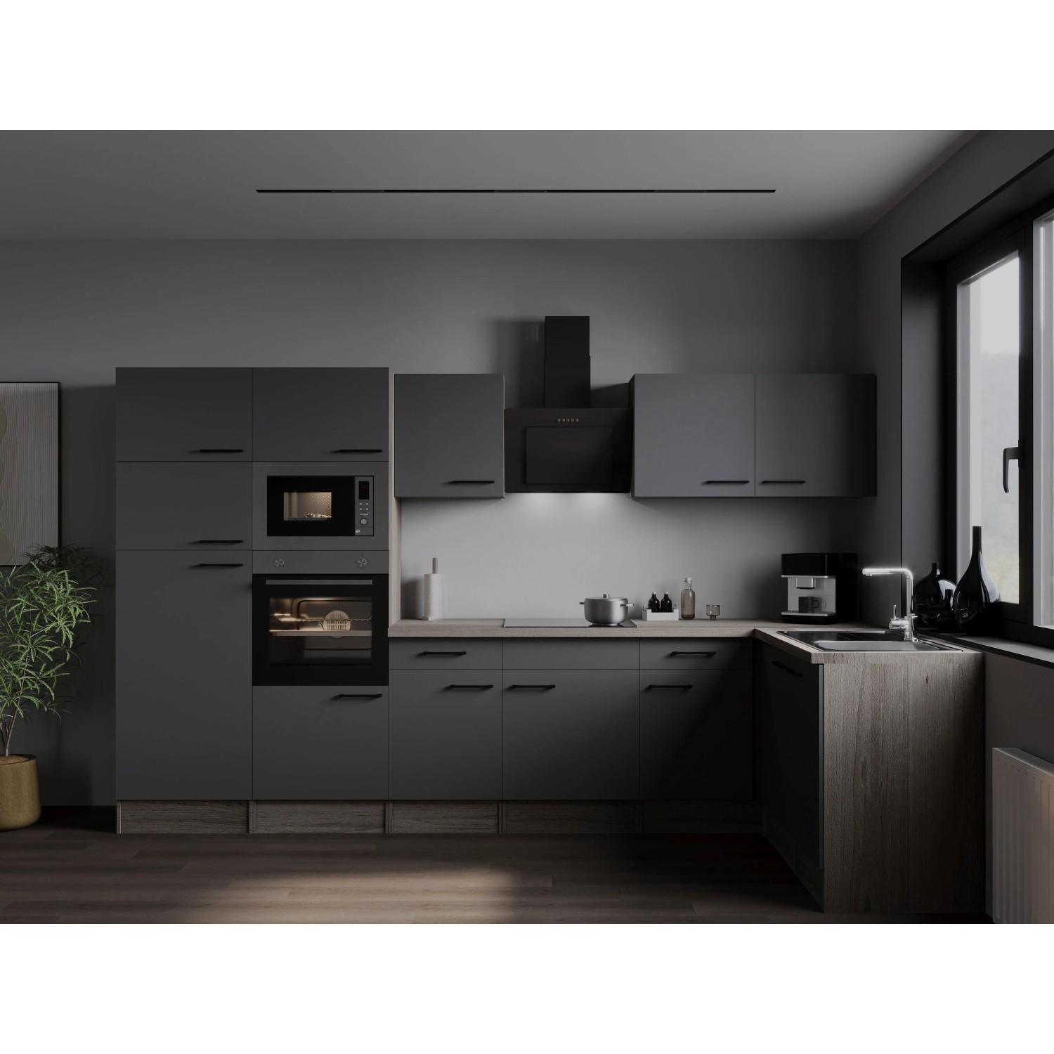 Respekta Kuchyně Oliver L šedá m./dub 340 cm-trouba/skl.d./dig./myčka/led./mik.