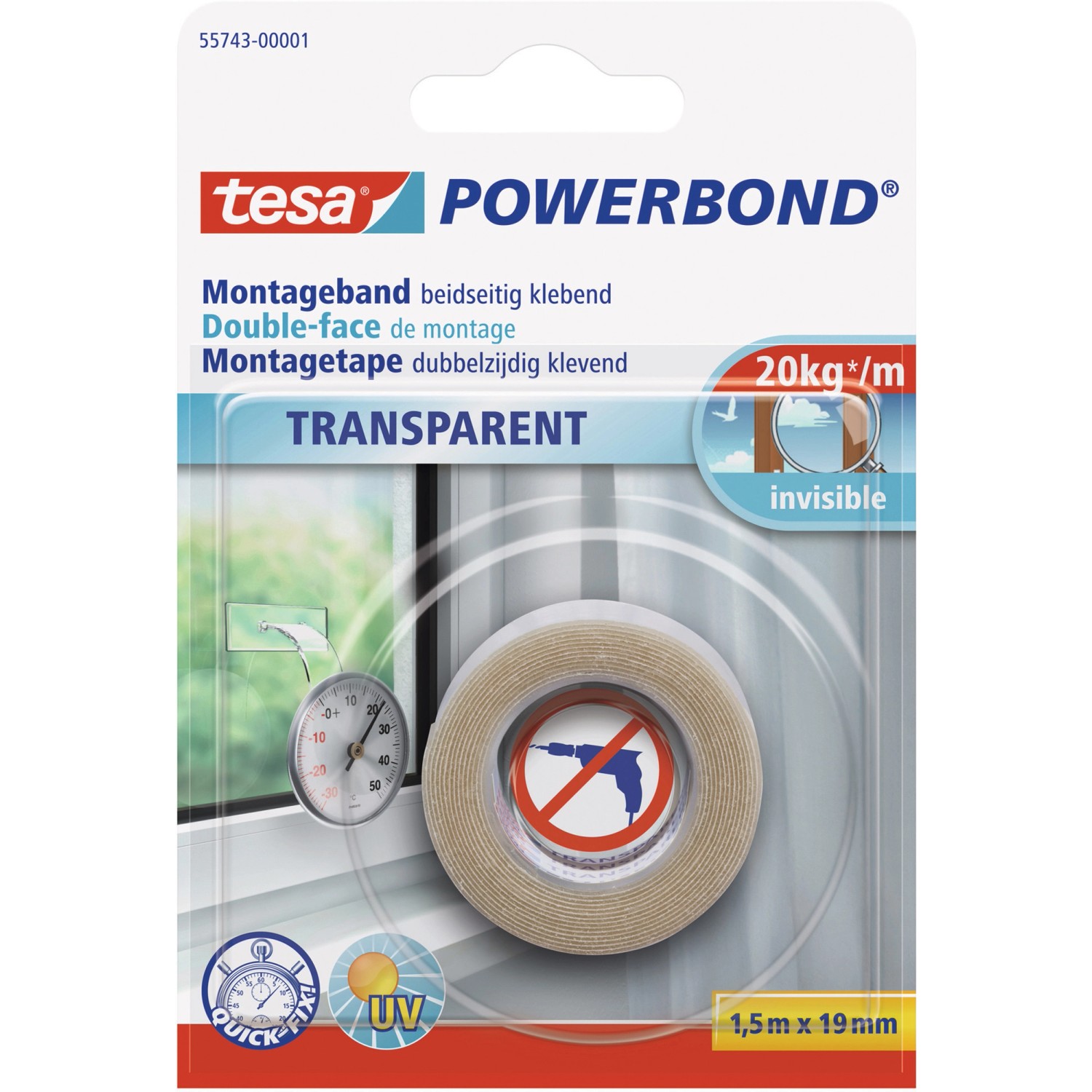 tesa Oboustranná montážní páska Powerbond TRANSPARENT, průhledná, 1,5 m x 19 mm