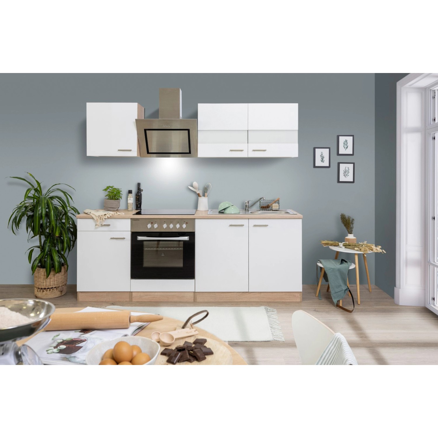 Respekta Kuchyně Merle bílá/dub 210 cm-skl.deska/šikmá digestoř