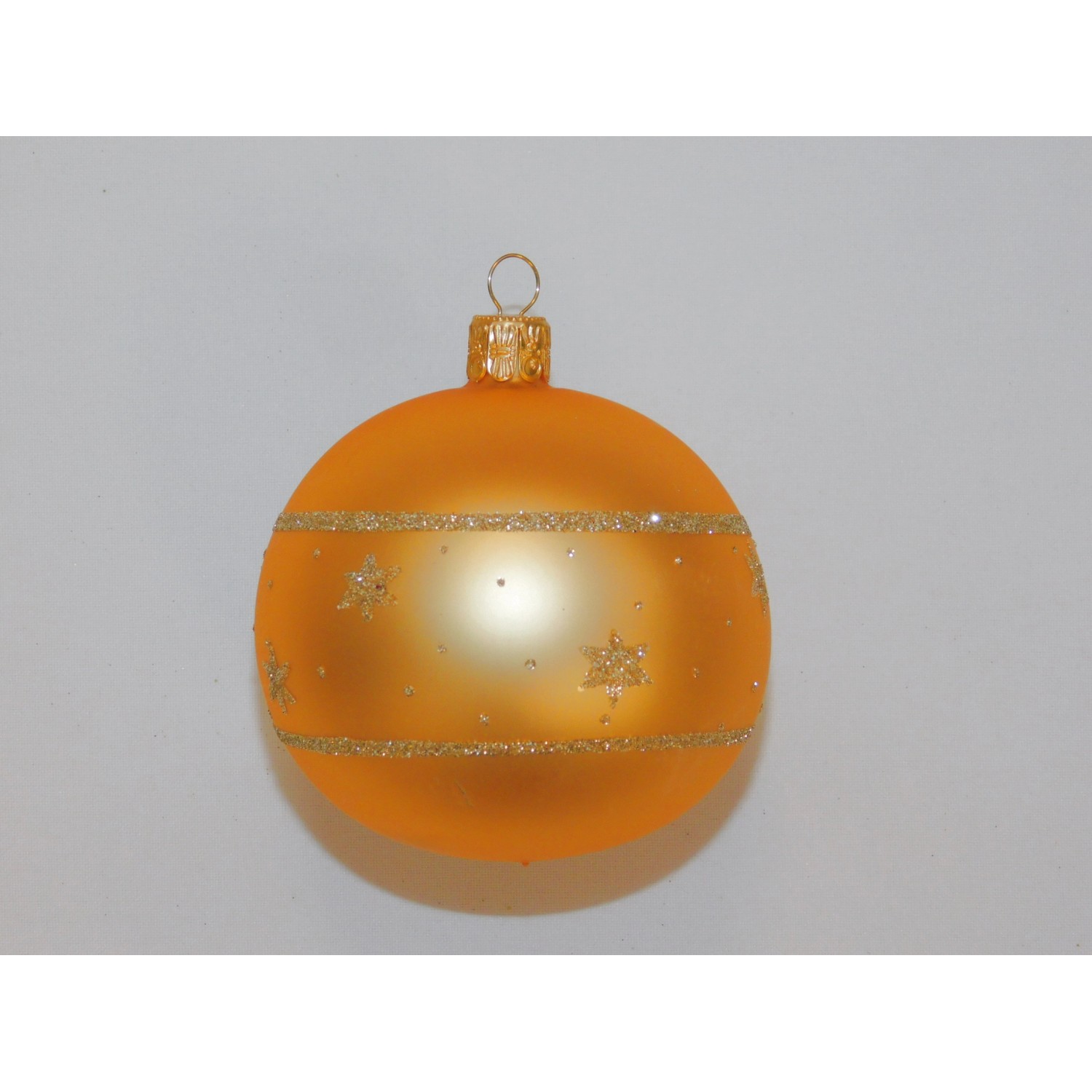 ONREX Vánoční ozdoba skleněná koule zlatá/oranžová pruhy, hvězdičky pr. 8 cm