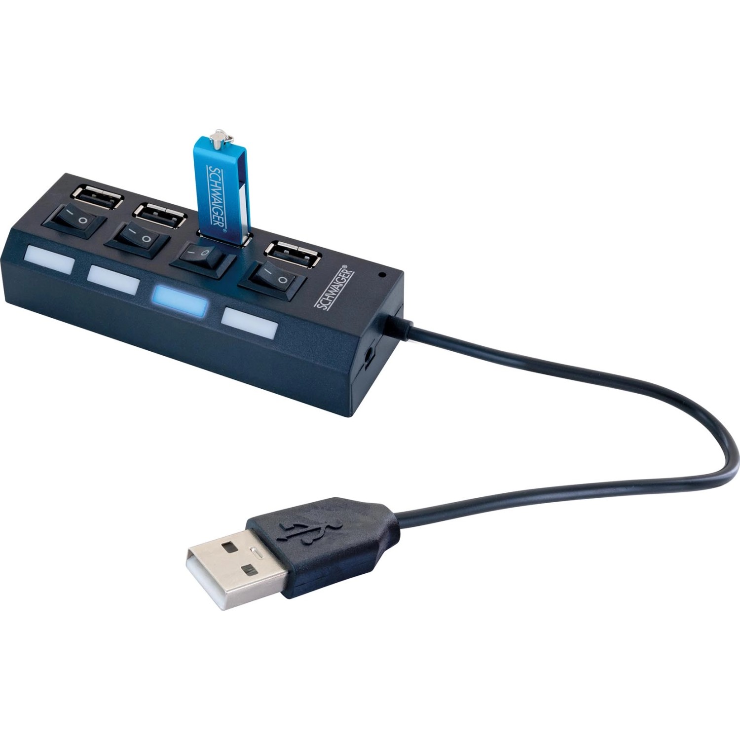 Schwaiger Rozbočovač USB 2.0 s vypínačem a LED diodami, 4x USB-A, černá