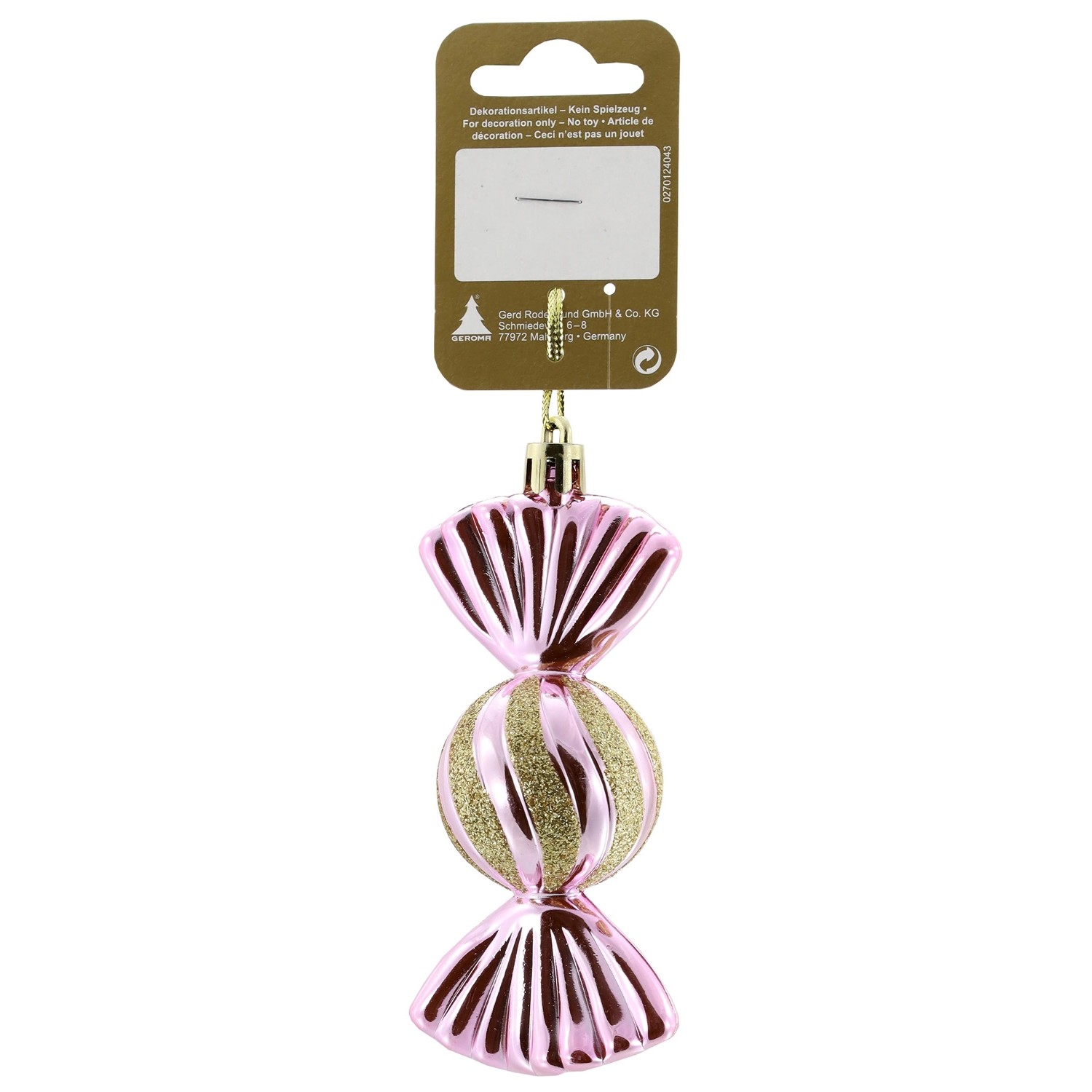 Závěsná vánoční dekorace bonbon z plastu k zavěšení, růžová, 4 x 11 cm