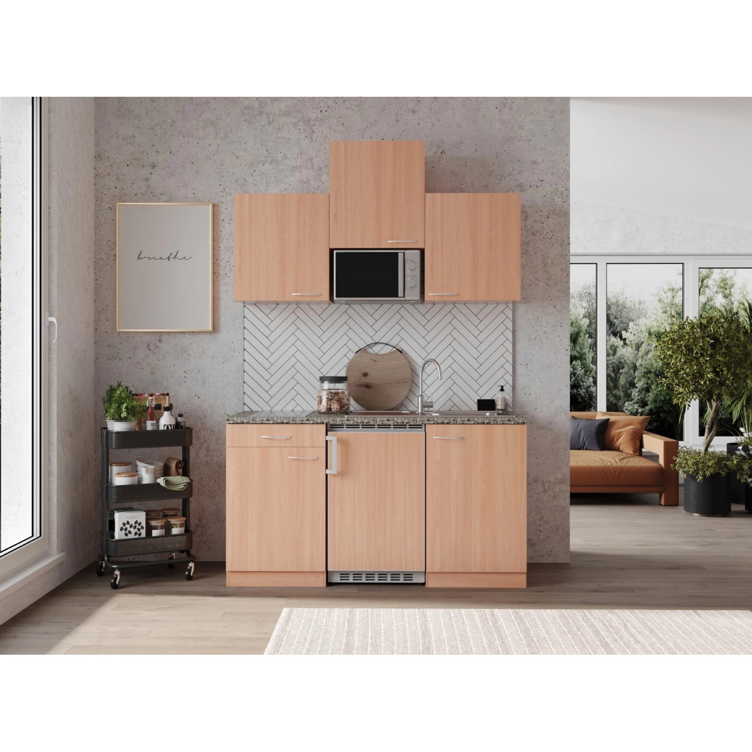 Respekta Kuchyně Gerda buk/žula 150 cm-skloker. deska, mikrovlnka, lednice