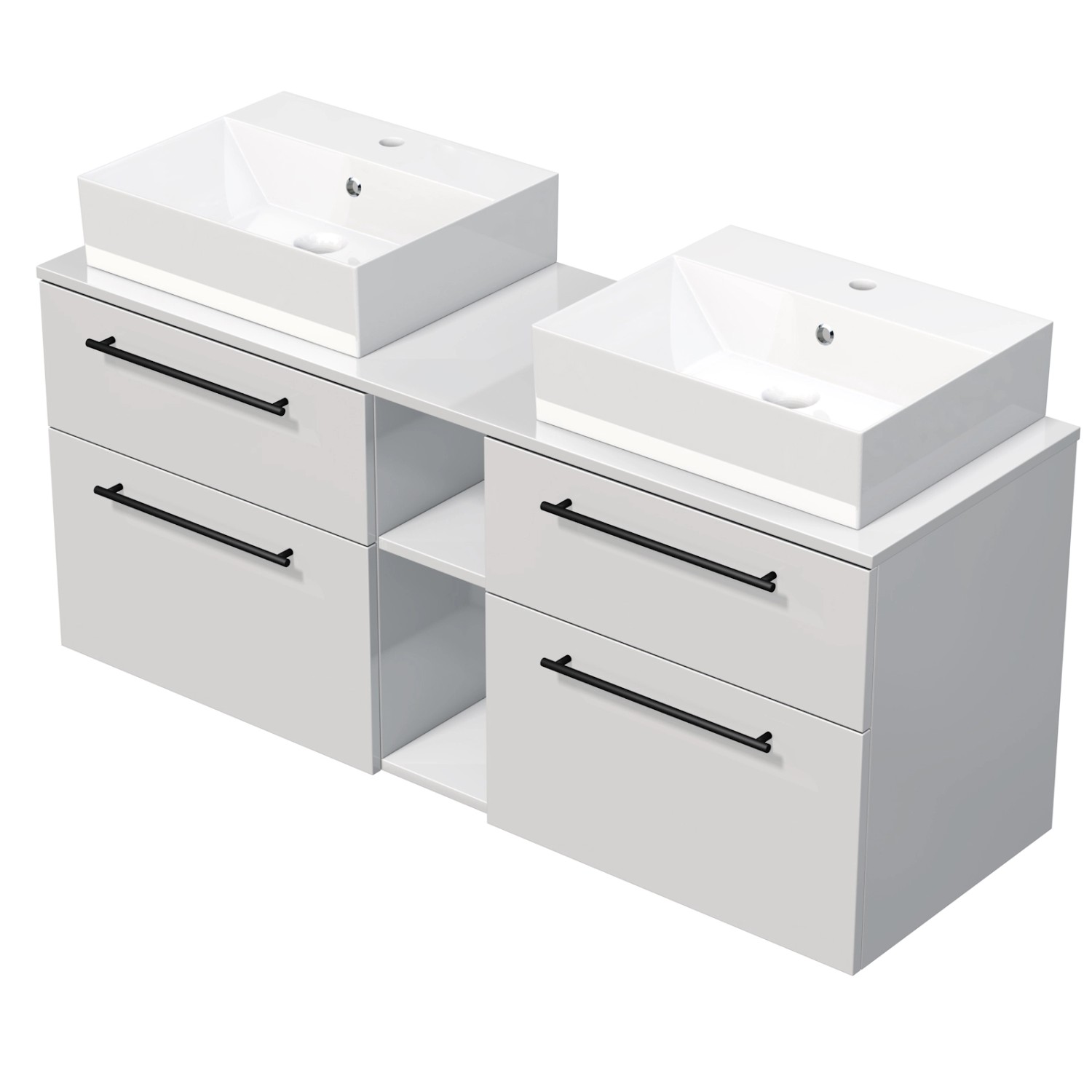 INTEDOOR Koupel.skříň+2umyvadla BEE, úchyt černý, 140cm, regál střed, bílá lesk