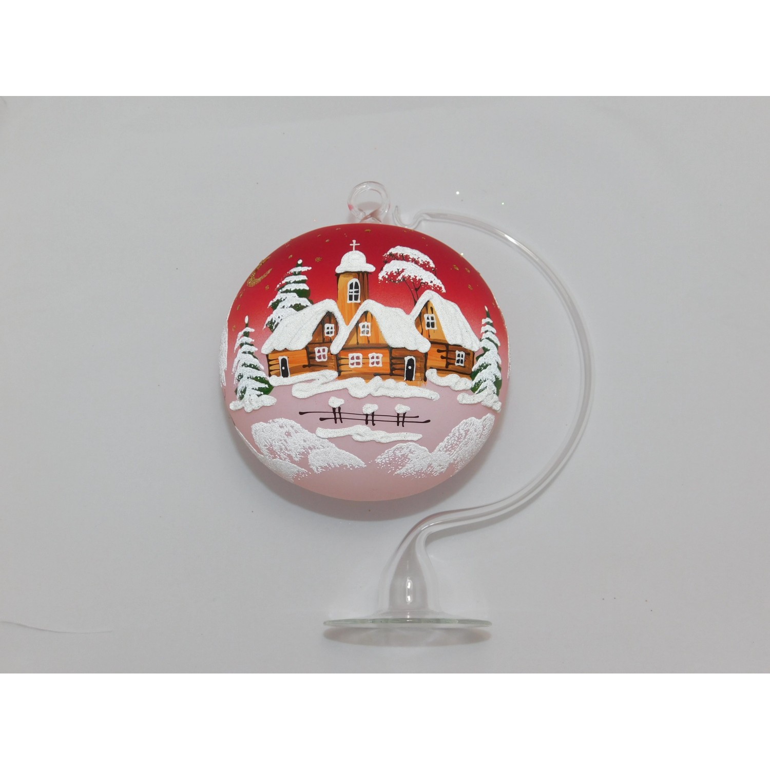 Ornex Skleněná vánoční ozdoba červená s vesničkou 21 cm
