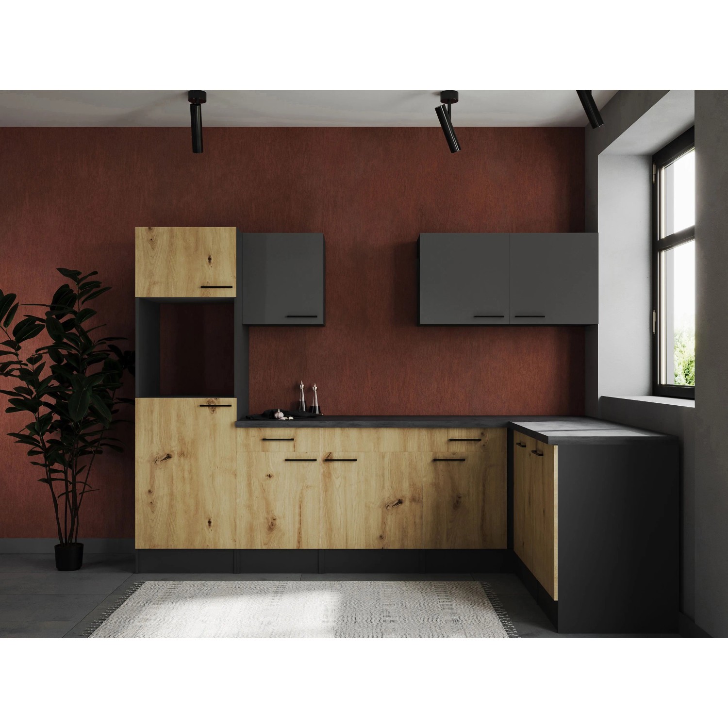 Respekta Kuchyně Oliver L dub Artisan+šedá matná/žula 280 cm - bez el. přístrojů