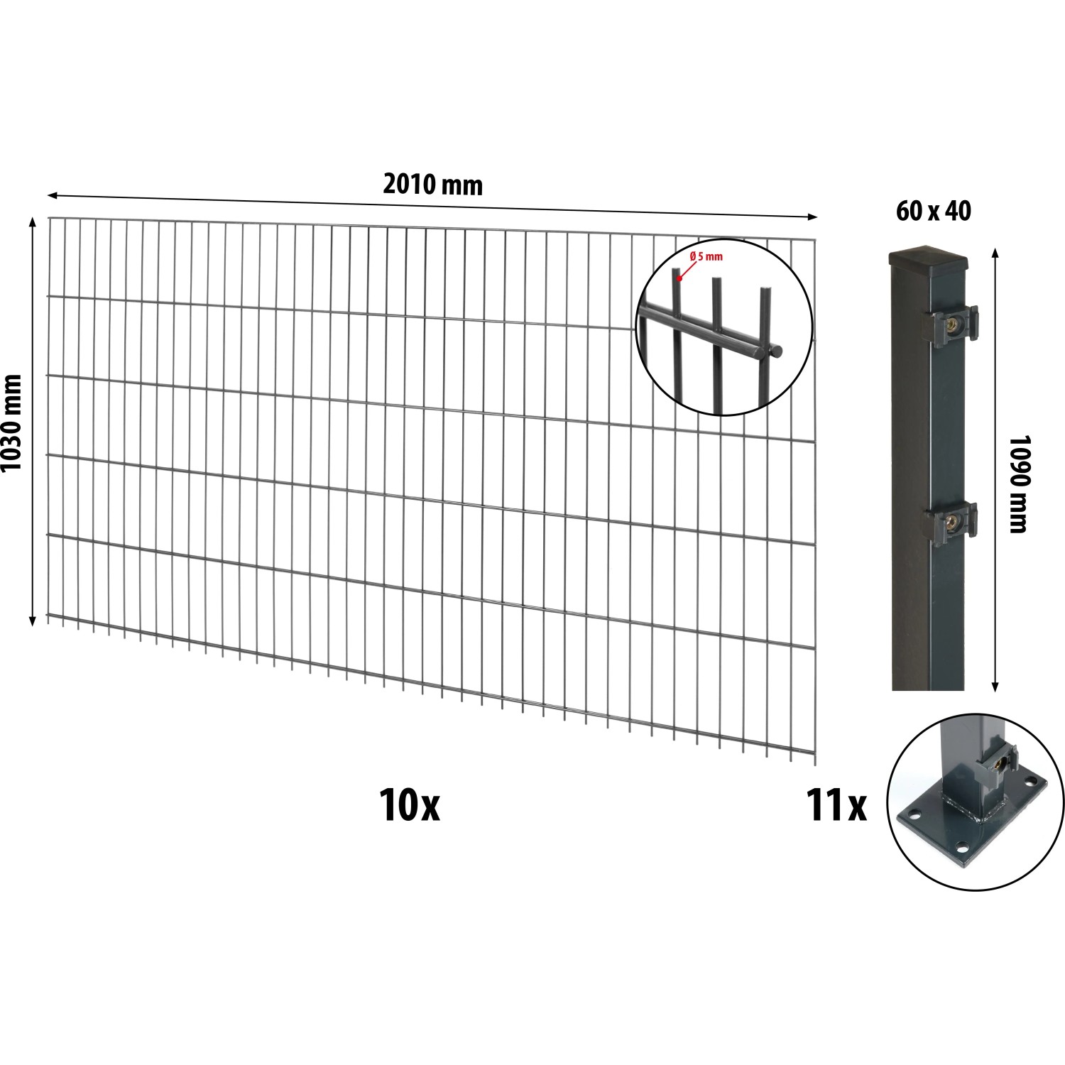 Floraworld Kompletní plotový set 2prut. sl.6x4 patka, antracit, 103 cm, 20 m