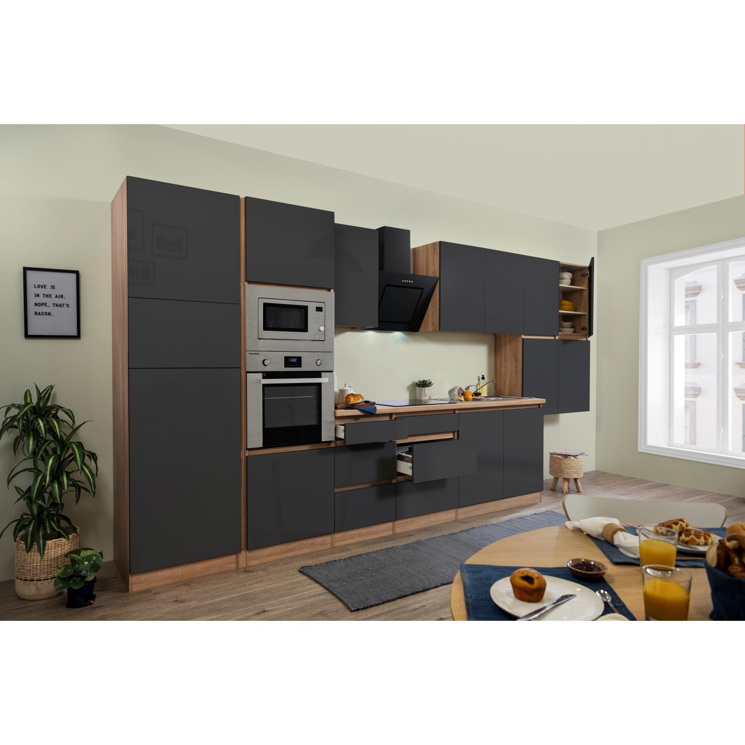 Respekta Kuchyně Lorena šedá/dub 435 cm-trouba/skl.d./digestoř/lednice/mikr.